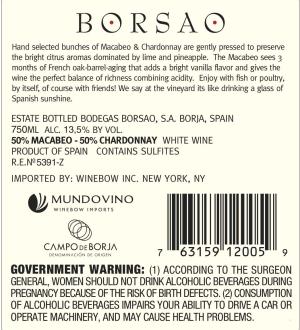 Borsao Macabeo Chardonnay 2019 Back Label | Winebow