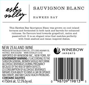 Esk Valley Sauvignon Blanc Back Label