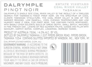 Dalrymple Coal River Valley Pinot Noir Back Label