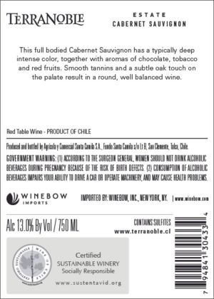 TerraNoble Estate Cabernet Sauvignon Back Label