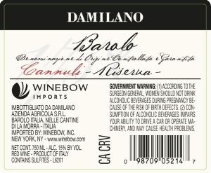 Damilano Barolo Cannubi 1752 Back Label