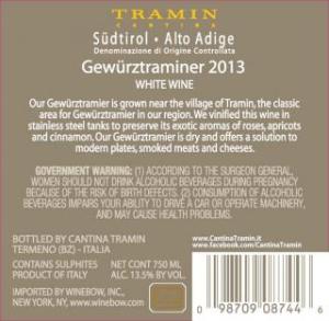 Tramin Gewurztraminer 2013 Back Label large thumbnail